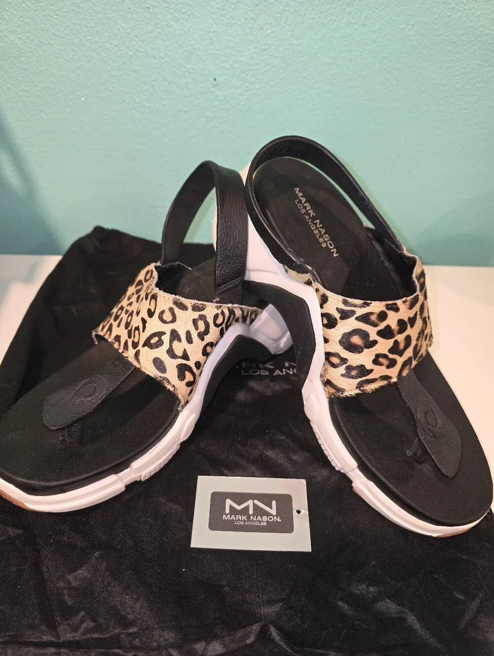 Mark Nason Leopard-Print Calf Hair Platform Sandals in Black and Tan